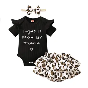 Summer Cotton 3 Piece Set Of Letter Short Sleeved Printed Top And Floral Shorts Skirt For Baby Romper Set