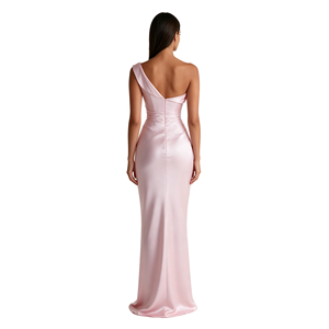 A&J OEM Gown One Shoulder Asymmetric Cowl Drape Cross Ruched Waist Satin Mermaid Maxi Dress Women <b>Blush</b> Pink Formal 2026 - Product Image 2