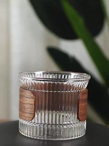 Alta Borosilicato Vidro Whisky Sipping Cup com Anti-Scald Manga De Madeira Ondulações Hot Tea <span class=keywords><strong>Glass</strong></span> Design Minimalista - Product Image 2