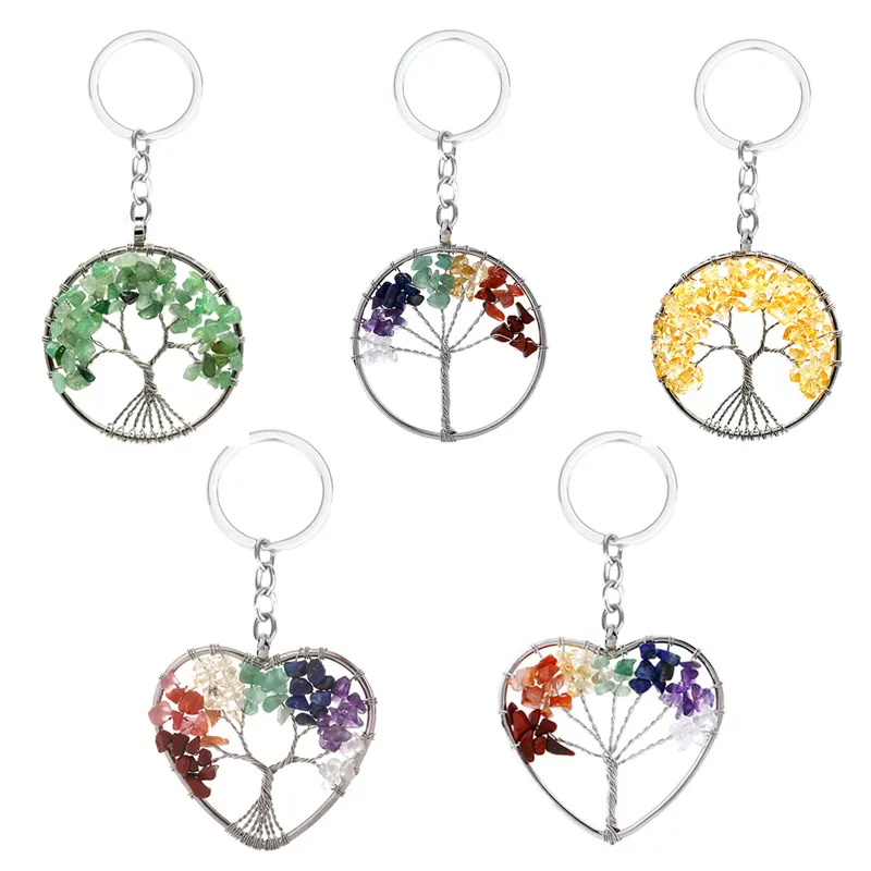 Vente en gros de porte-clés arbre de vie en pierre naturelle porte-clés en cristal à la main porte-clés en métal pour cadeau
