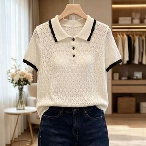 Nuovo Maglione Estivo Traspirante in Poliestere con Colletto a Contrasto in Seta Ghiaccio, a Maniche Corte, da <span class=keywords><strong>Donna</strong></span>, alla Moda, con Dettagli Traforati, Stile Fresco e Delicato - Product Image 3