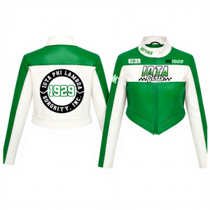 Chaqueta de Cuero PU de la Hermandad Iota Phi Lambda, Chaqueta de Carreras de Alta Calidad, Corte Ajustado, Personalizable con Cualquier Logotipo - Product Image 1