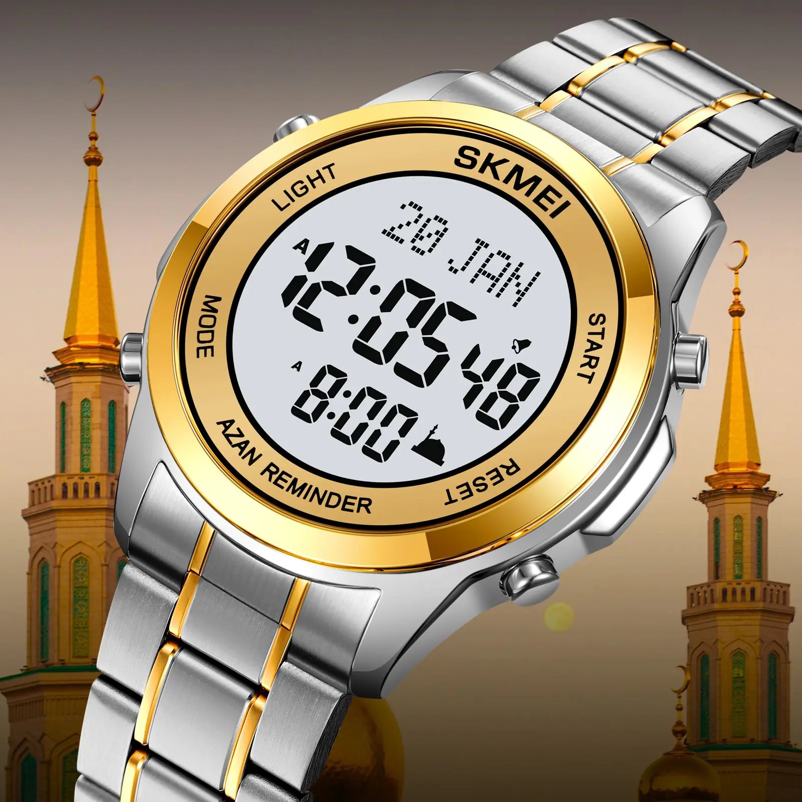 SKMEI 2097 orologi digitali in acciaio inossidabile islamico Qibla Direction Al Azan orologio da polso per orologio da preghiera musulmano