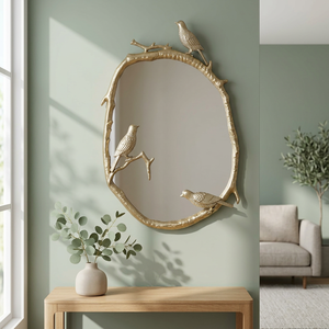 Miroir mural ovale en laiton avec motif d'oiseau et de branche, bordure décorative bohème pour salon et chambre à coucher - Product Image 6