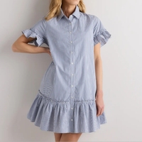 Robe chemise rayée à fleurs 100 % coton avec manches à volants pour femme, personnalisable, marque privée, mini-robe décontractée, faible MOQ 50, directement de l'usine