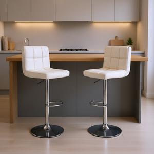 Ensemble de 2 tabourets de bar pivotants réglables en hauteur, en cuir PU blanc, pour îlot de cuisine, base chromée, design moderne - Product Image 2