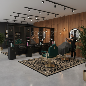 Estación de Barbería Moderna de Diseño Lujoso en Dorado y Negro para Salón de Belleza, Espejo de Madera para Peluquería - Product Image 2