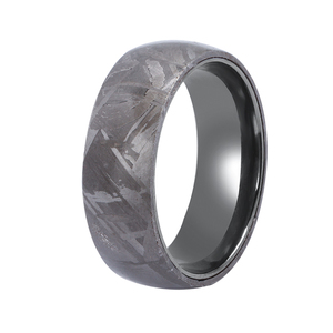 Meteorite-banda de boda biselada de circonio negro con anillo de meteorito de hierro - Product Image 5
