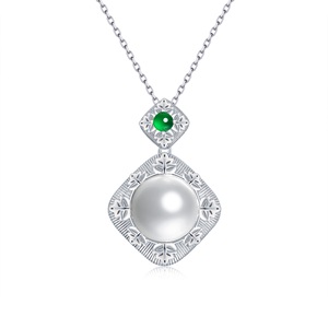 FYXL1246Classic 925 Silver Pendant Necklace With Freshwater Pearl And Green Gemstone Geometric Design Rhodium Plated Women's Eve - Product Image 3