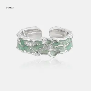 FUAMAY Diseñador de moda 925 Anillo ancho de plata esterlina Grano irregular Anillos esmaltados en verde menta