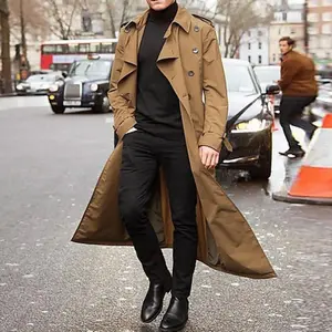 Long Slim Men Trench Coat Double-Breasted Lapel Windbreaker Male Fashion Autumn Winter Coat Long Design Trench Male Size S-2Xl