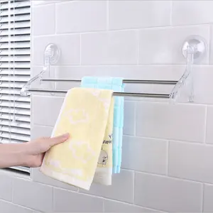 Super Sticky Bathroom Kitchen Suction Cup Acrylic Plastic Wall Mounted Double Bath Towel Rack with Stainless Steel Shelf Bar