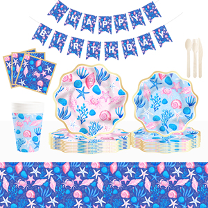 Platos de Papel Personalizados DAMAI con Diseño de Mar Azul, con Patrón de Peces y Conchas, Juego de Vajilla Desechable para Fiestas de Cumpleaños Infantiles - Product Image 2