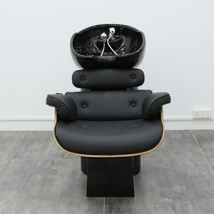 Fauteuil de lavage en cuir imperméable noir avec bac en céramique pour salon de coiffure et spa - Product Image 6
