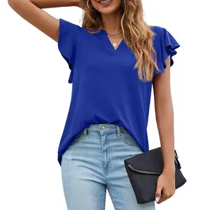 Blue Women Tunic Tops Casual V Neck Ruffle Short Sleeve Knit Shirts Blouse Fashion Designer Plus Size Ladies Tops