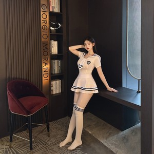 <b>Sexy</b> Schoolgirl Uniform Women Bodysuit Jersey Polyester Fiber Role Play Costume White Blue Stripes One Piece Temptation <b>Set</b> - Product Image 4