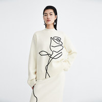 Ensemble deux pièces en tricot 100% pure laine avec applique de rose 3D faite à la main, pull et jupe midi pour femme, tenue élégante en tricot français