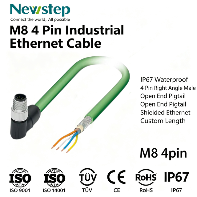 IP67 Waterproof M8 4 Pin Right Angle Male Connector Cable Shielded Industrial Ethernet Open End