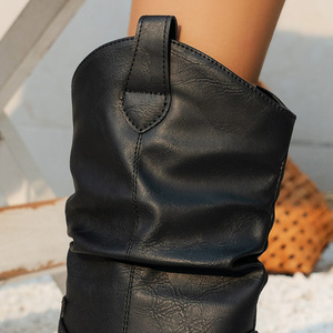 Bottines classiques de style western pour femmes, à talon bas, mi-mollet, à enfiler, avec empeigne plissée - Product Image 6