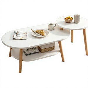 Nordic White Contemporary Solid <b>Wood</b> Nesting <b>Coffee</b> <b>Table</b> Set 2-Piece Oval & <b>Round</b> Side <b>Tables</b> - Product Image 3