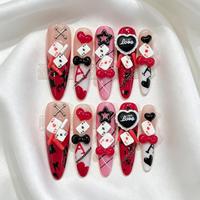 Faux ongles à presser rouges gothiques faits à la main en acrylique, forme amande, motif cartes à jouer poker, vente en gros