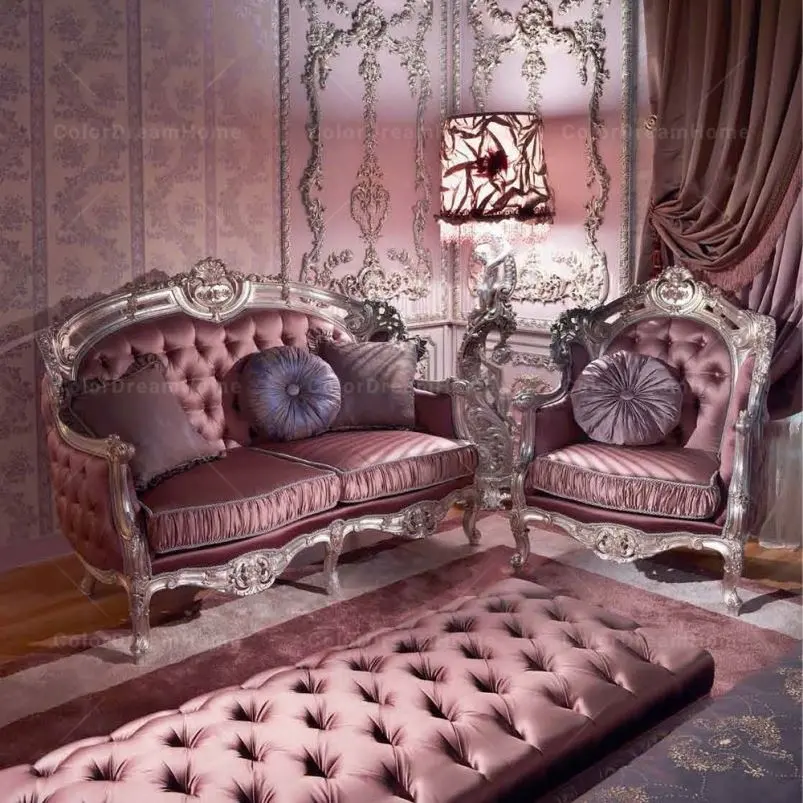 French fairy princess feel pink fabric rococo silver foil sofa set Italian Classical Sofa