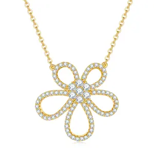 Simple Bling Full Diamond Flower Shape Pendant Necklace Gold Plated S925 Silver Cubic Zircon Hollow Flower Necklace