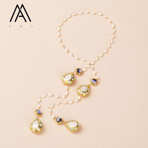 Collier en forme de goutte avec perle naturelle blanche, pierre précieuse <span class=keywords><strong>Larimar</strong></span> et perles de verre violettes, bijou enveloppant pour femme - Product Image 6