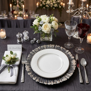 Assiette de présentation de luxe 13 pouces en <span class=keywords><strong>verre</strong></span> <span class=keywords><strong>noir</strong></span> et argent texturé, ronde, pour dîner, sous-assiette décorative en gros pour mariage et décoration de <span class=keywords><strong>table</strong></span> - Product Image 5