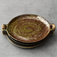 Assiette à dîner en poterie épaisse japonaise faite à la main rétro grande vaisselle en céramique assiette à fruits binaurale créative plats et assiettes
