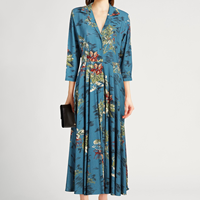 Robe longue plissée bleu sarcelle à manches trois-quarts avec imprimé botanique intégral et col cranté - Fournisseur vérifié du Guangdong, Chine