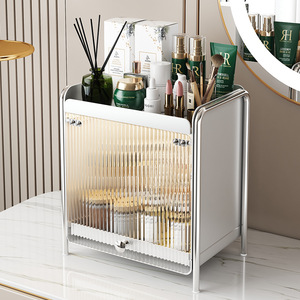 Meuble de <span class=keywords><strong>rangement</strong></span> de bureau pour chambre à coucher avec portes, présentoir de maquillage, étagère de <span class=keywords><strong>rangement</strong></span> à 2 niveaux, support à épices en métal anti-poussière, porte-gobelets - Product Image 1