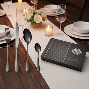 फैक्टरी थोक लक्जरी सोना/काला/गुलाब सोना/इंद्रधनुष प्लेटेड 24 पीसी फ्लैटवेयर स्टेनलेस स्टील कटलरी - Product Image 6