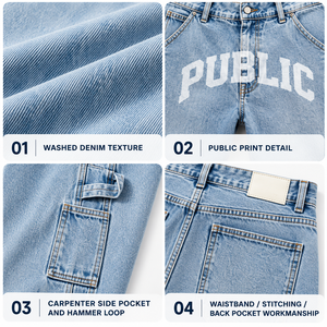 Clothing Manufacturer Custom Acid Wash Carpenter <b>Baggy</b> Jeans <b>Trousers</b> Street Wide Leg Printing Denim Pants With Side Tool Pocket - Product Image 2