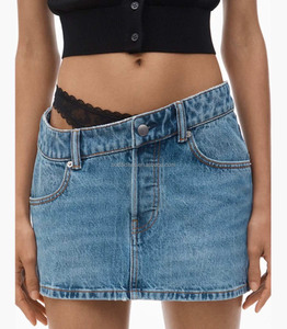 Faldas de encaje sexy para mujer Y2K faldas holgadas de cinco bolsillos Falda vaquera prediseñada con cintura de encaje asimétrica minifalda para niñas - Product Image 1