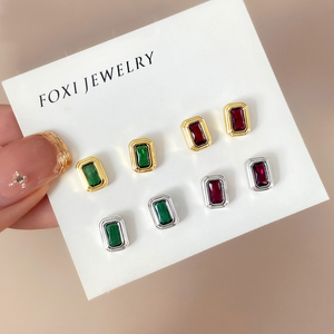 Brass Jewelry 18K Gold plated Geometric <b>Earring</b> CZ Pave Rectangle <b>Earrings</b> <b>Studs</b> for Women Daily - Product Image 5