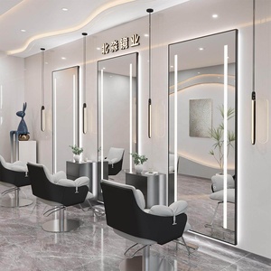 Modern Glass Barbershop Hair Salon Dedicated Station Single-Sided Floor-Standing <b>Illuminated</b> Haircutting Mirror Eco-Friendly - Product Image 1