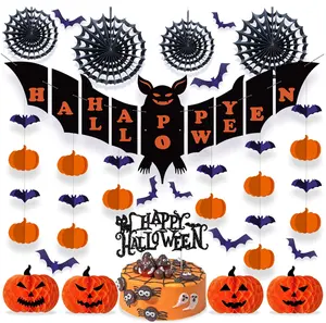 Hanging Bat Banner jack-o'-lantern Honeycomb bat Stickers Spider Web Paper Fan cake topper for Halloween Home Window Party Decor