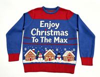 Pull tricoté bleu douillet avec logo de dessin animé imprimé sur le devant, idéal pour l'hiver, pour femmes et hommes, pour les fêtes de fin d'année et le quotidien