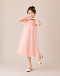 Robe en tulle rose pour filles, style A-line, avec manches bouffantes et volants, pour le printemps, style doux, longueur mini - Product Image 5