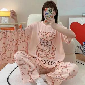 Toptan kadın karikatür pijama O boyun kısa kollu şort pantolon 3 adet setleri pijama yumuşak süt ipek pijama Lady için - Product Image 6