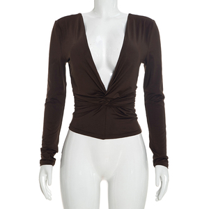 Viviblook J26TP364 Camiseta de manga larga sexy con cuello en V profundo y espalda descubierta para mujer, nueva colección de otoño, color sólido - Product Image 6