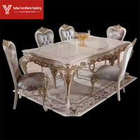 Ensemble de table à manger moderne de luxe avec plateau en marbre, 4 chaises rembourrées en tissu, structure en bois blanc, bois massif, assemblage requis, Elephant