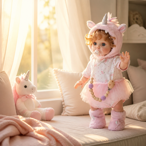 Poupée Reborn de 18 pouces en vinyle intégral, costume <span class=keywords><strong>licorne</strong></span>, tutu rose, haut fleuri, cheveux bouclés, poupée nouveau-né pour jeu d'imitation - Product Image 5