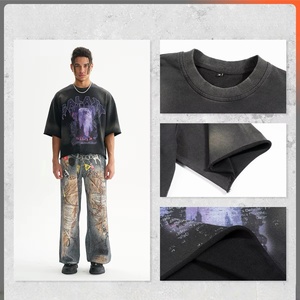 T-shirt da uomo in misto cotone lavato stile retrò High Street, 270g, vestibilità ampia, manica corta, girocollo, traspirante, resistente all'usura, con stampa cartoon - Product Image 4