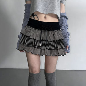 Korean Style Y2K Color Block Striped Mini <b>Skirt</b> Women <b>Low</b> <b>Rise</b> Layered Ruffle Tiered Cake <b>Skirt</b> Street Style - Product Image 1