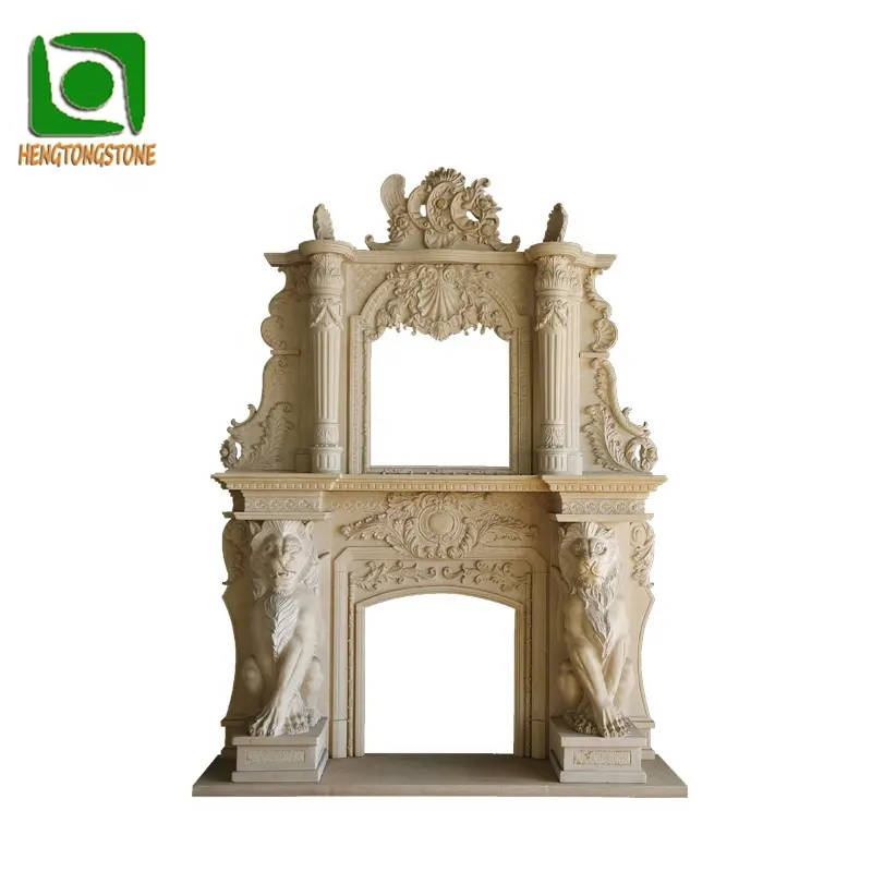 Домашний интерьер роскошное украшение двухслойная Бежевая мраморная статуя льва и колонна резной камин объемный