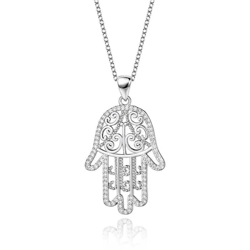 Commercio all'ingrosso CZ diamante 925 sterling silver egiziano hamsa mano di fatima forma collana pendente per le donne