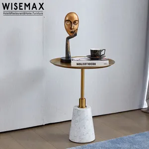WISEMAX 가구 럭셔리 작은 라운드 대리석 기본 침대 사이드 테이블 현대 골드 스테인레스 스틸 탑 천연 대리석 커피 티 테이블
