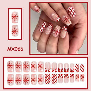 圣诞法国中号方形ABS假指甲易压手指红白雪花对比条纹设计凝胶紫外线 - Product Image 5